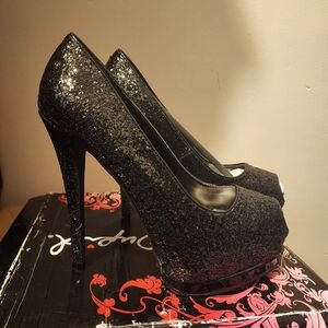 Black Glitter Peep-Toe High Heels